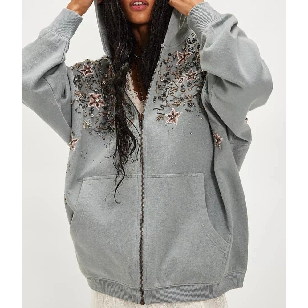 Free People Glitter Oversized Hoodie Top Jacket Embellished Embroidered L 287142